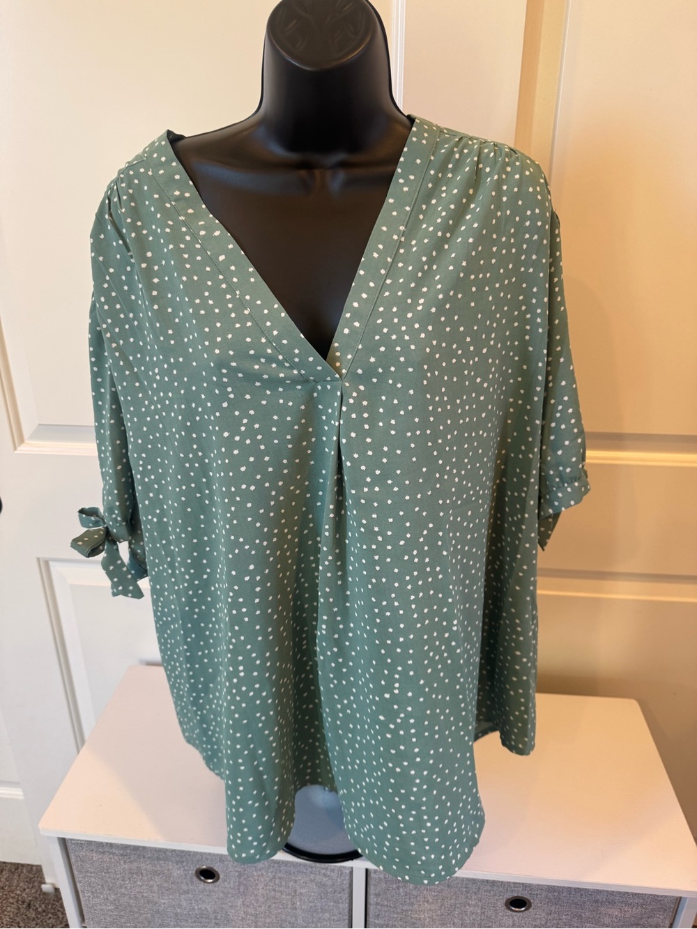 fun 2 fun Sage Green V-Neck Polka Dot Blouse